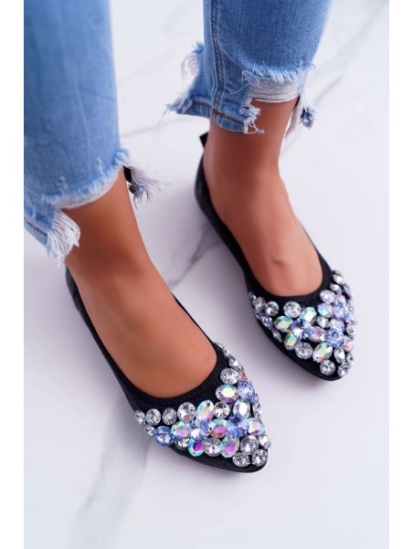 Leather Ballerinas with Stones Black Crystal