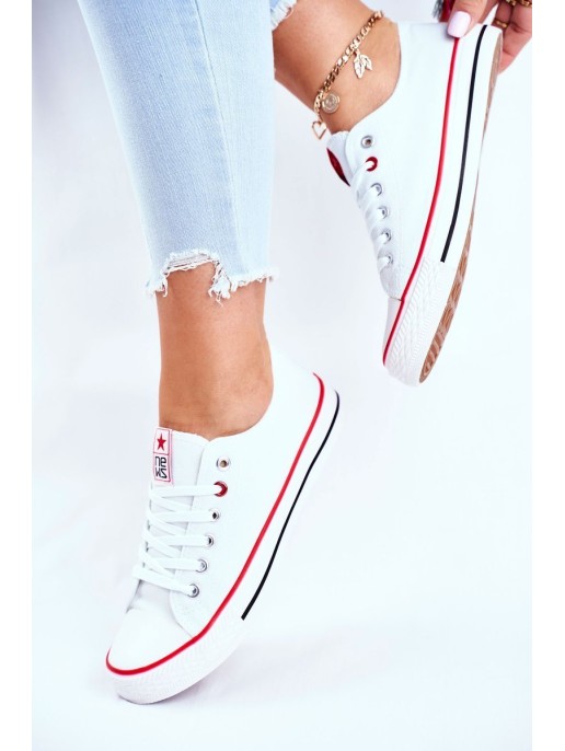 Women's Classic White Sneakers With Red Trim Ecoma