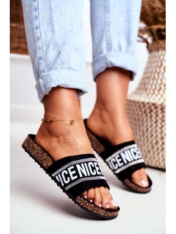 Slippers On Cork Sole With Cubic Zirconia Black Be Nice