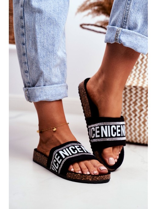 Slippers On Cork Sole With Cubic Zirconia Black Be Nice Slippers On Cork Sole With Cubic Zirconia Black Be Nice