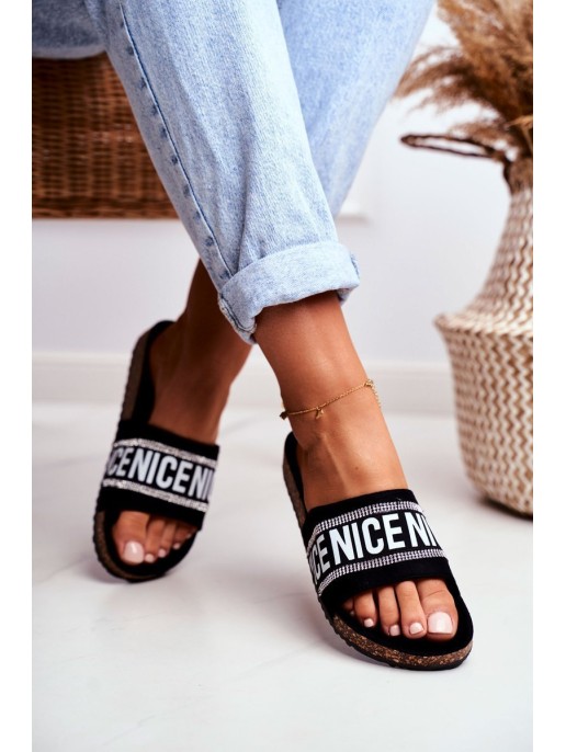 Slippers On Cork Sole With Cubic Zirconia Black Be Nice Slippers On Cork Sole With Cubic Zirconia Black Be Nice