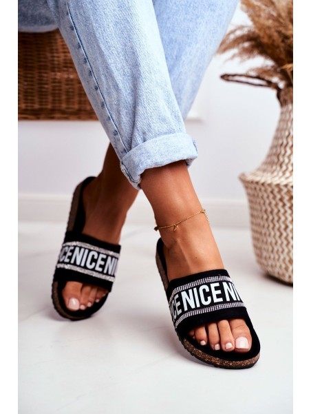 Slippers On Cork Sole With Cubic Zirconia Black Be Nice