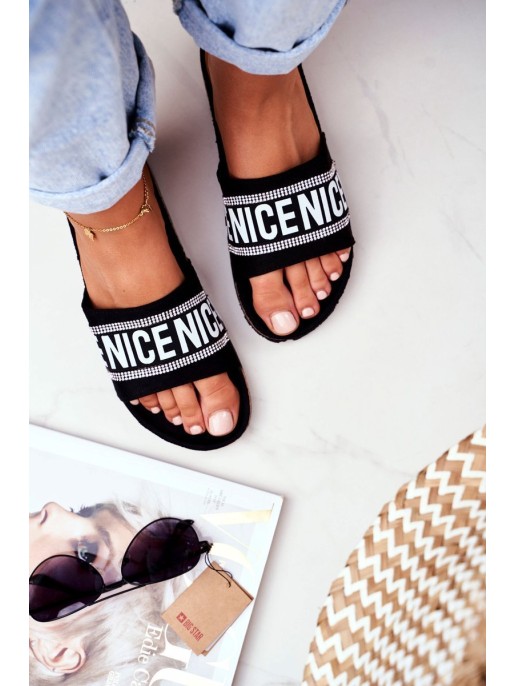 Slippers On Cork Sole With Cubic Zirconia Black Be Nice Slippers On Cork Sole With Cubic Zirconia Black Be Nice