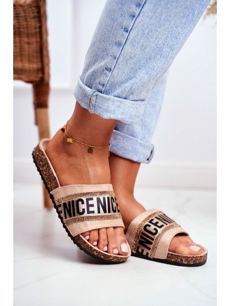 Slippers On Cork Sole With Cubic Zirconia Beige Be Nice