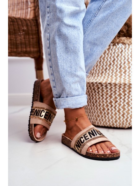 Slippers On Cork Sole With Cubic Zirconia Beige Be Nice