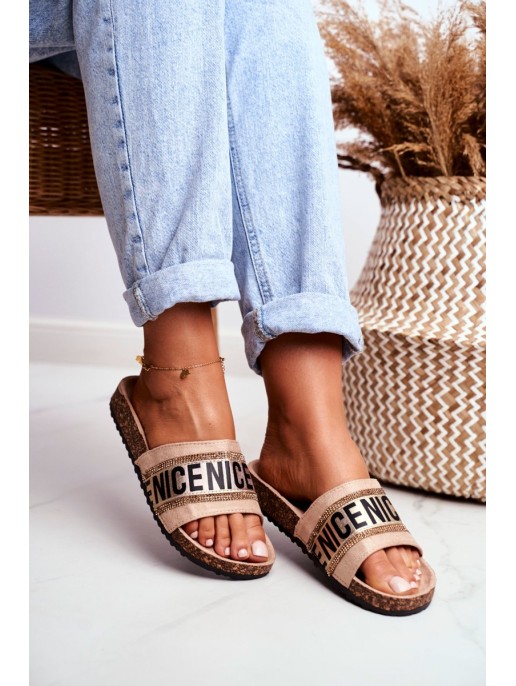 Slippers On Cork Sole With Cubic Zirconia Beige Be Nice Slippers On Cork Sole With Cubic Zirconia Beige Be Nice