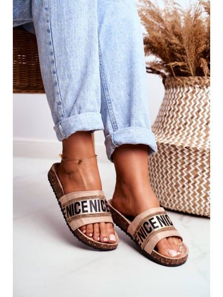 Slippers On Cork Sole With Cubic Zirconia Beige Be Nice