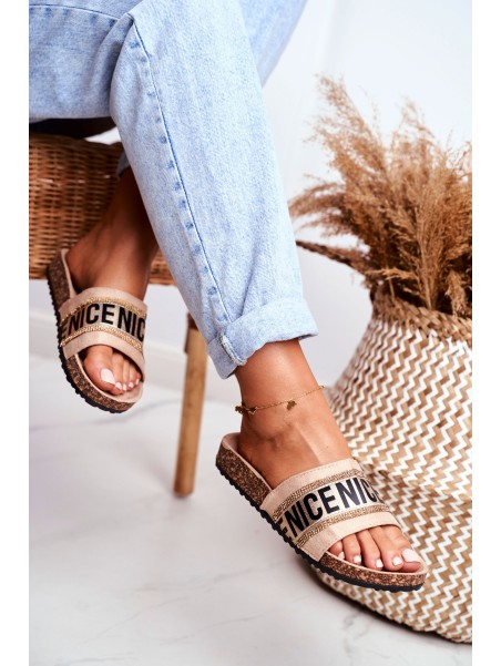 Slippers On Cork Sole With Cubic Zirconia Beige Be Nice