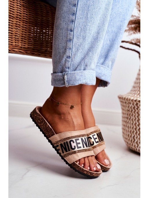 Slippers On Cork Sole With Cubic Zirconia Beige Be Nice Slippers On Cork Sole With Cubic Zirconia Beige Be Nice