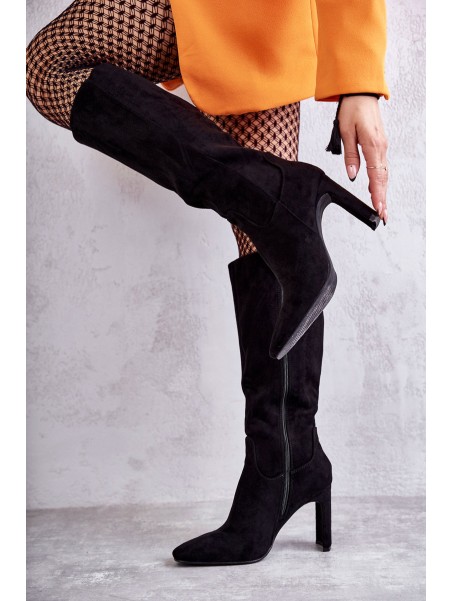 Moteriški batai iki kelių, ekologiški zomšiniai juodi tikrai meilė