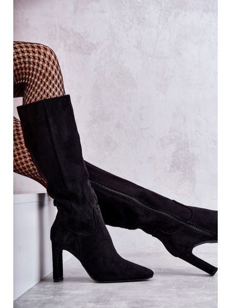 Moteriški batai iki kelių, ekologiški zomšiniai juodi tikrai meilė