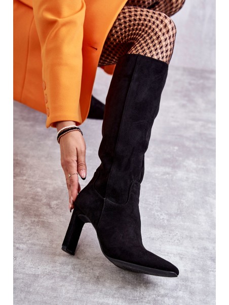 Moteriški batai iki kelių, ekologiški zomšiniai juodi tikrai meilė