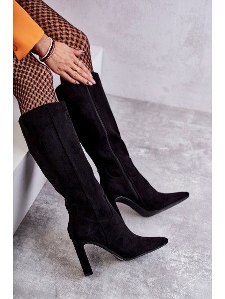 Moteriški batai iki kelių, ekologiški zomšiniai juodi tikrai meilė