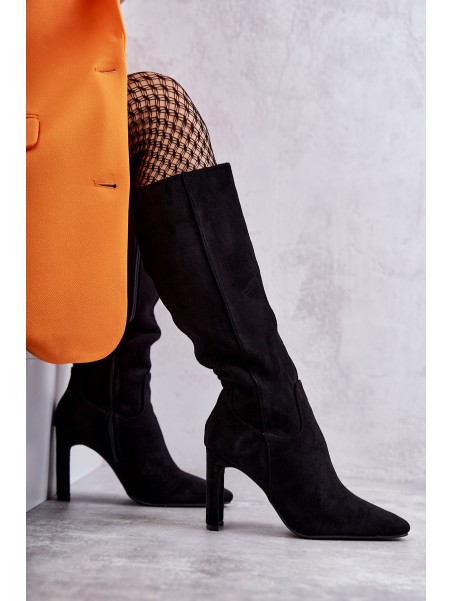 Moteriški batai iki kelių, ekologiški zomšiniai juodi tikrai meilė