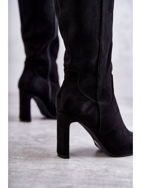 Moteriški batai iki kelių, ekologiški zomšiniai juodi tikrai meilė