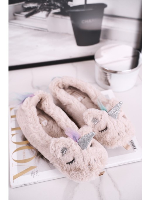 Women's Slippers With Fur Unicorn Beige Rainbow