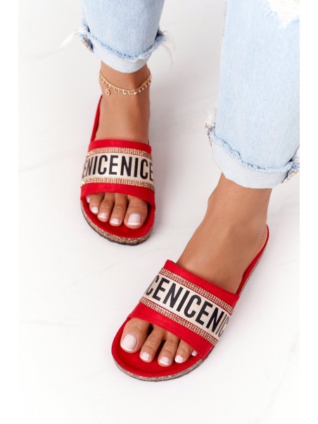 Slippers On Cork Sole With Cubic Zirconia Red Be Nice