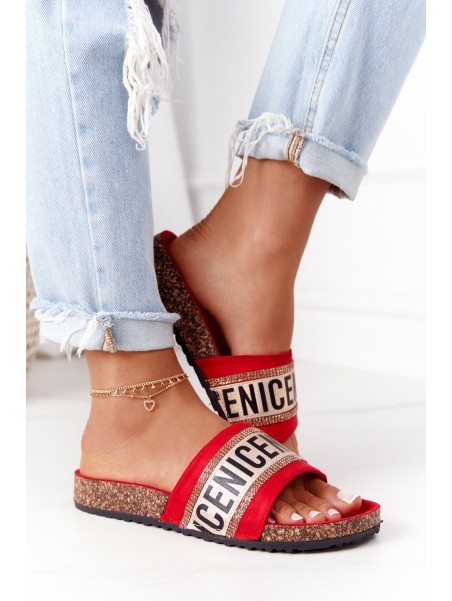 Slippers On Cork Sole With Cubic Zirconia Red Be Nice
