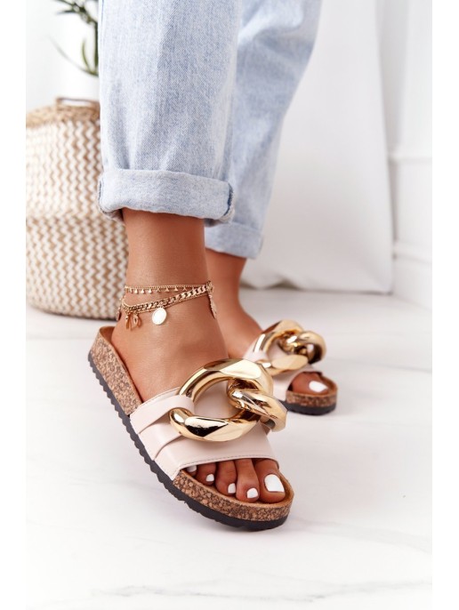 Slippers On The Cork Sole With Chain Beige Last Dance Slippers On The Cork Sole With Chain Beige Last Dance