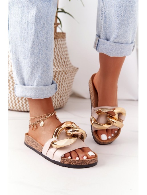 Slippers On The Cork Sole With Chain Beige Last Dance Slippers On The Cork Sole With Chain Beige Last Dance
