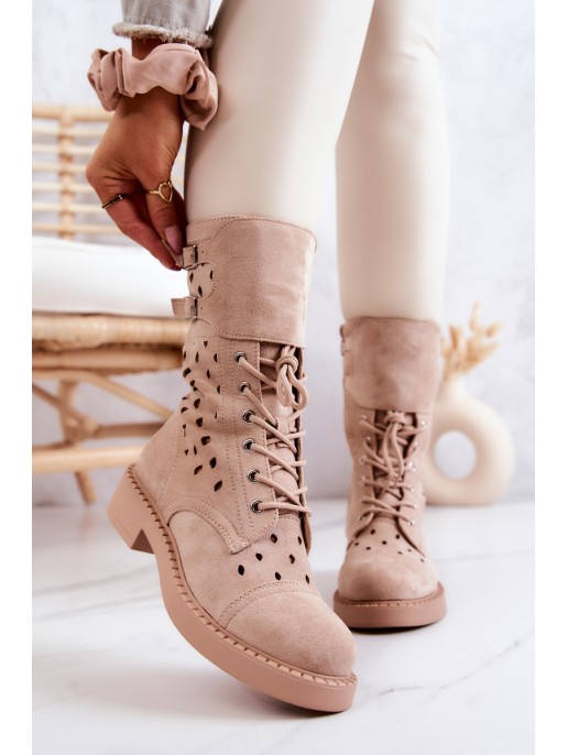 Suede Openwork Ankle Boots Light Beige Hermione