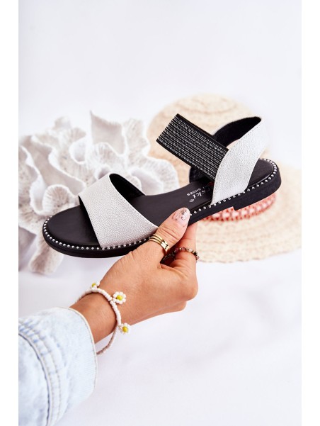 Classic Leather Sandals With Studs Silver Shelly