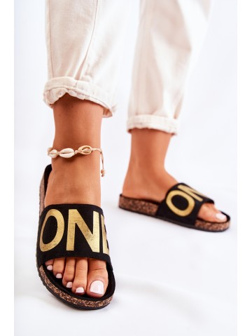 Classic Slip-On Slippers With Inscription Black and Gold Bahari 2