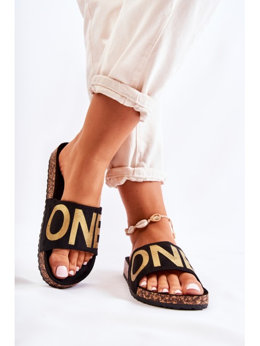 Classic Slip-On Slippers With Inscription Black and Gold Bahari