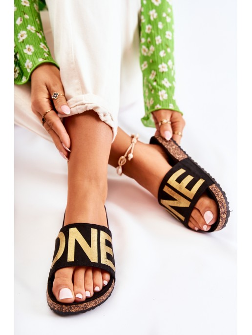 Classic Slip-On Slippers With Inscription Black and Gold Bahari