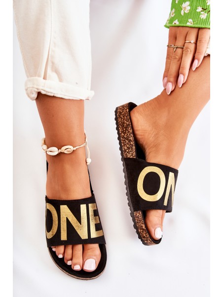 Classic Slip-On Slippers With Inscription Black and Gold Bahari