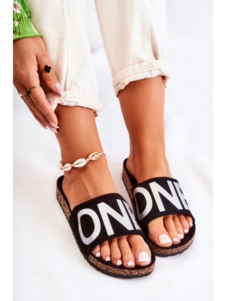 Classic Slip-On Slippers With Inscription Black and Silver Bahari