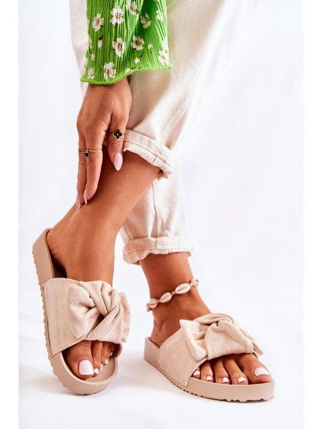 Classic Suede Slippers With A Bow Beige Hayle