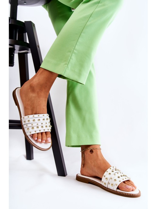 Women's Leather Slippers With Decoration White Brien