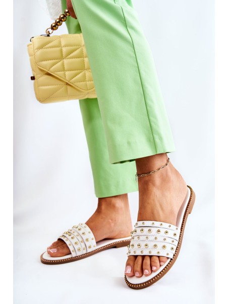 Women's Leather Slippers With Decoration White Brien