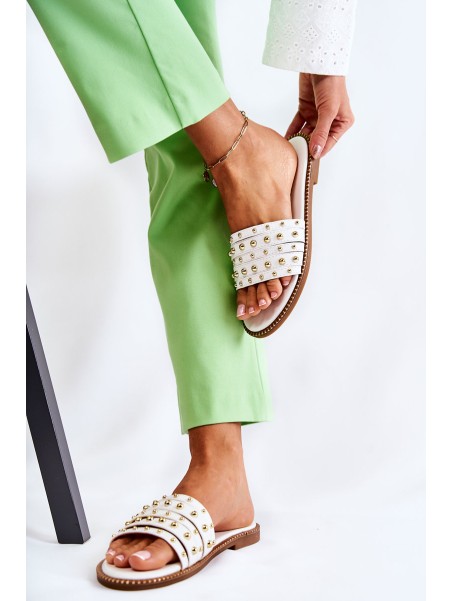Women's Leather Slippers With Decoration White Brien