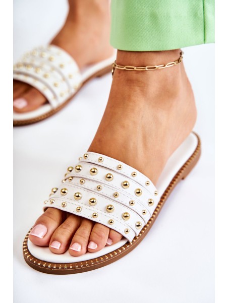 Women's Leather Slippers With Decoration White Brien
