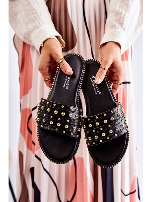 Women's Leather Slippers With Decoration Black Brien