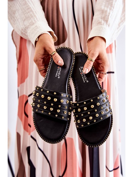 Women's Leather Slippers With Decoration Black Brien