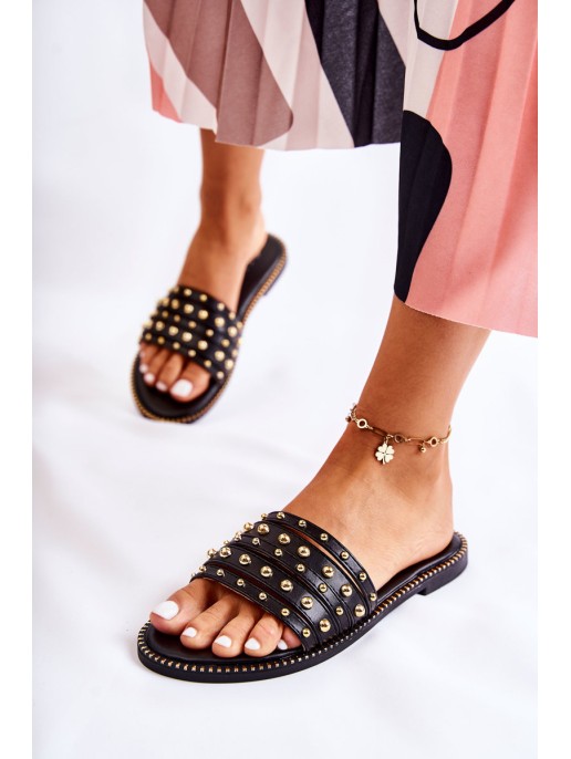 Women's Leather Slippers With Decoration Black Brien