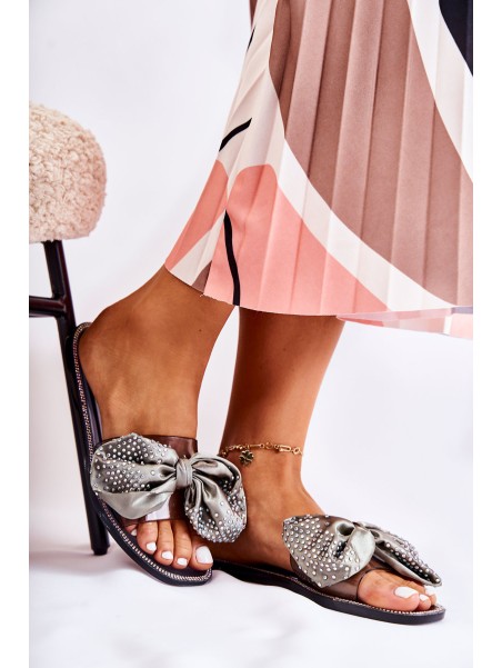 Women's Rubber Slippers With A Bow Black and Grey Meriden