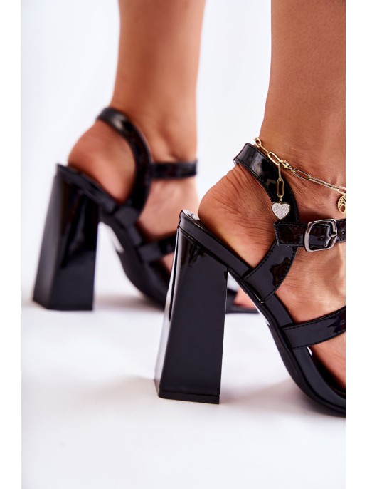 Fashionable Patent Heel Sandals Black Midnight Fashionable Patent Heel Sandals Black Midnight