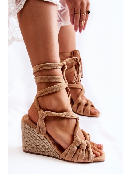 Suede Tied Wedge Sandals Beige Flavia