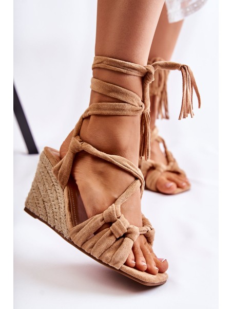 Suede Tied Wedge Sandals Beige Flavia