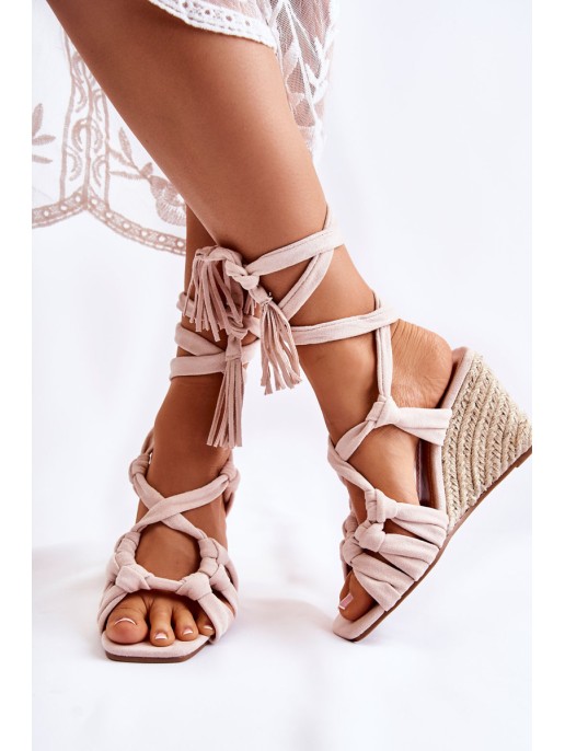 Suede Tied Wedge Sandals Light Beige Flavia Suede Tied Wedge Sandals Light Beige Flavia