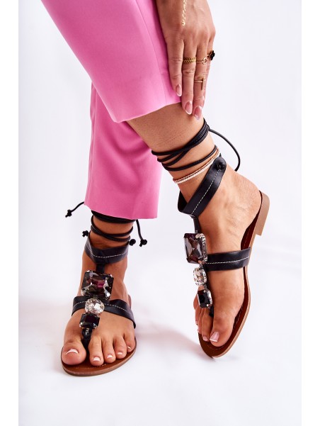 Tied Sandals With Crystals Black Shendon