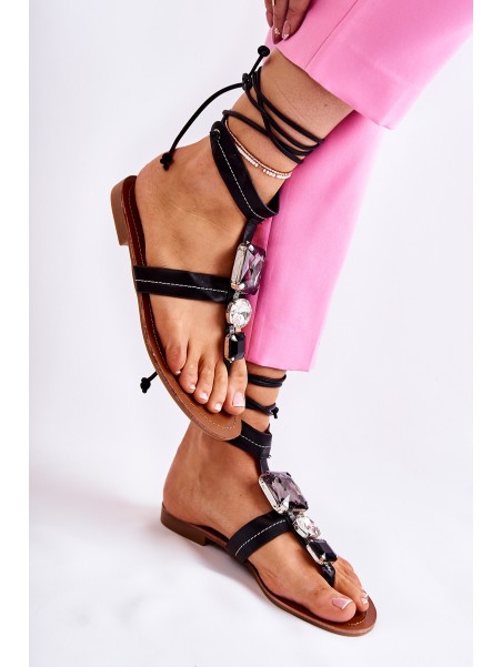 Tied Sandals With Crystals Black Shendon