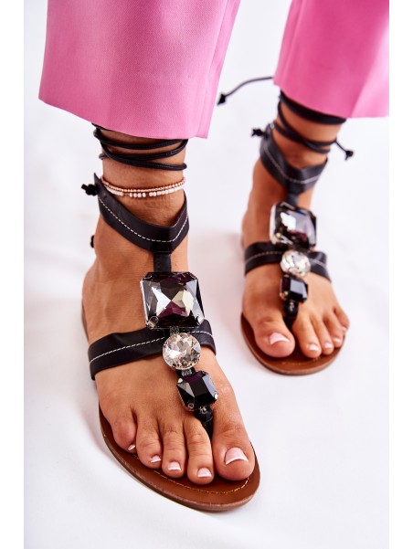 Tied Sandals With Crystals Black Shendon