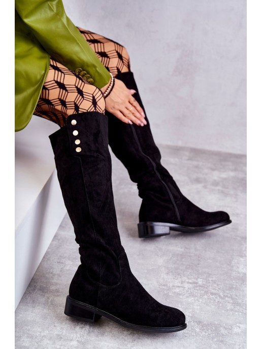 Warm Suede Flat Heel Boots Black Laura