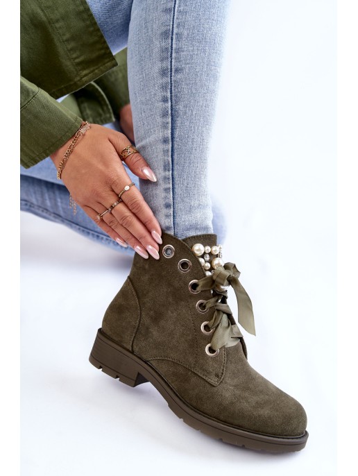 Suede insulated boots with a zipper with pearls Green Raiso