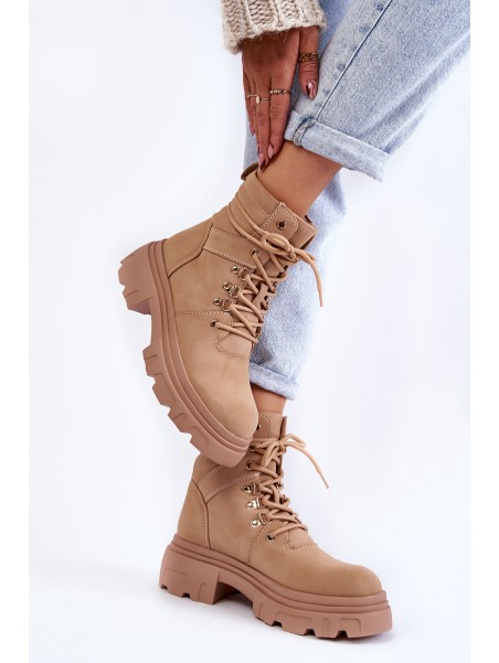 Leather Warm Lace-up Boots Beige Merisha